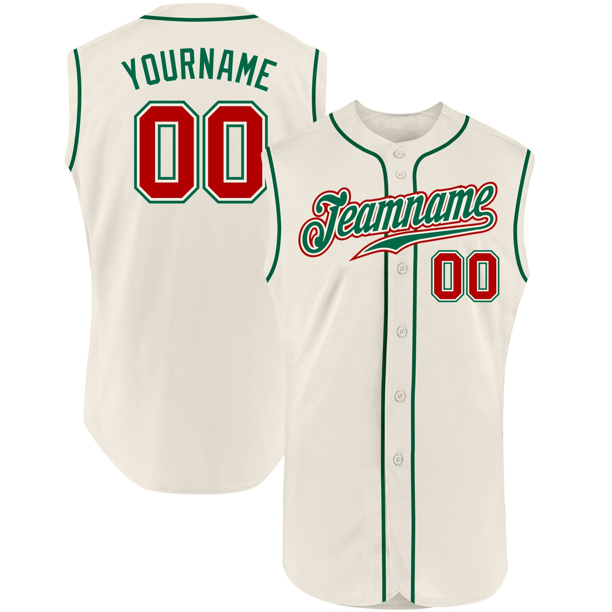 Custom Cream Red-Kelly Green Authentic Sleeveless Baseball Jersey - Main View