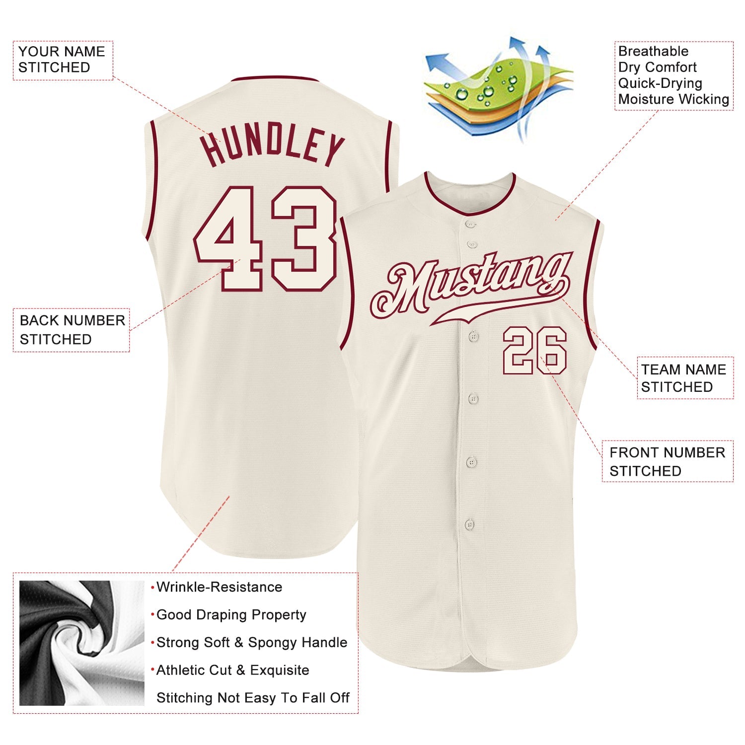 Custom Cream Cream-Crimson Authentic Sleeveless Baseball Jersey view 2