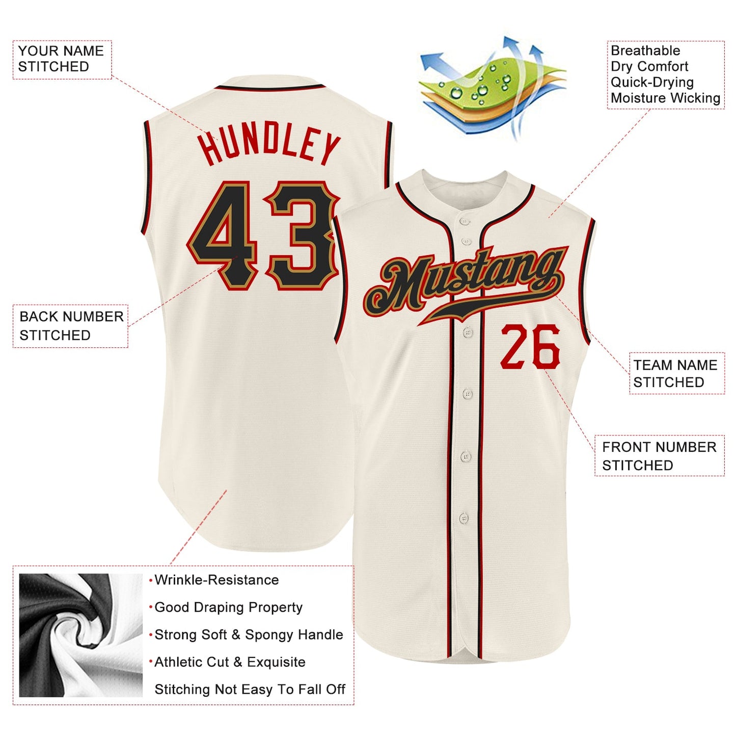 Custom Cream Black-Red Authentic Sleeveless Baseball Jersey view 2