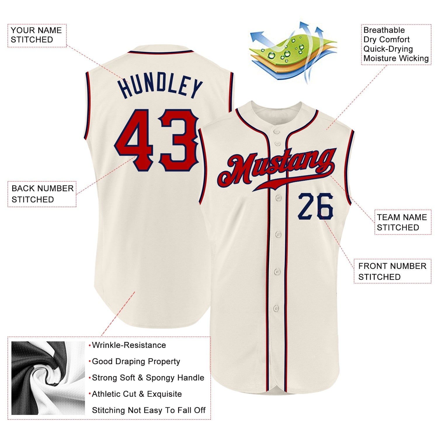 Custom Cream Red-Navy Authentic Sleeveless Baseball Jersey view 2