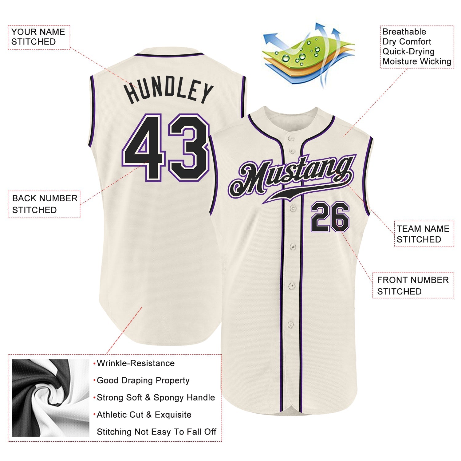 Custom Cream Black-Purple Authentic Sleeveless Baseball Jersey view 2