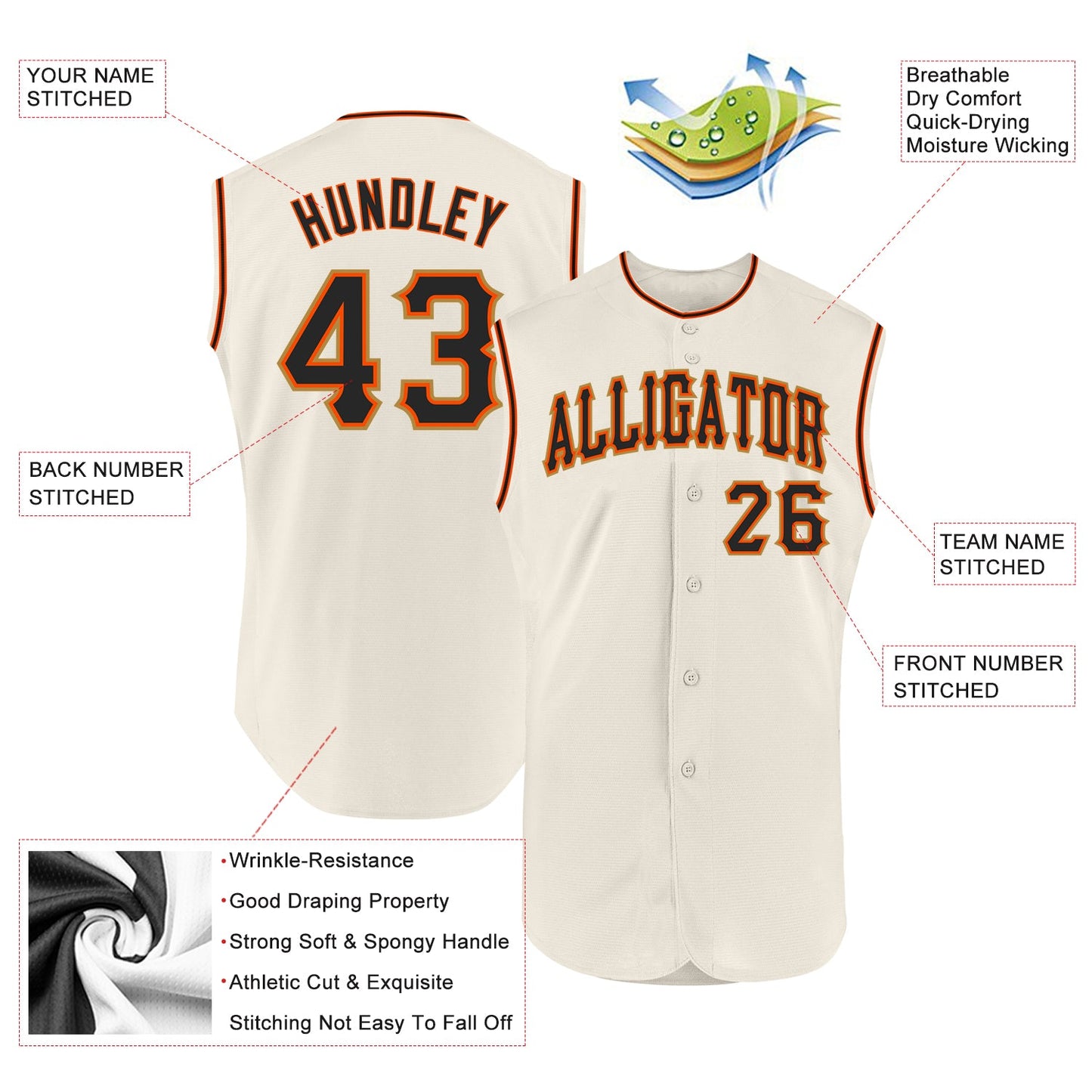 Custom Cream Black-Orange Authentic Sleeveless Baseball Jersey view 2