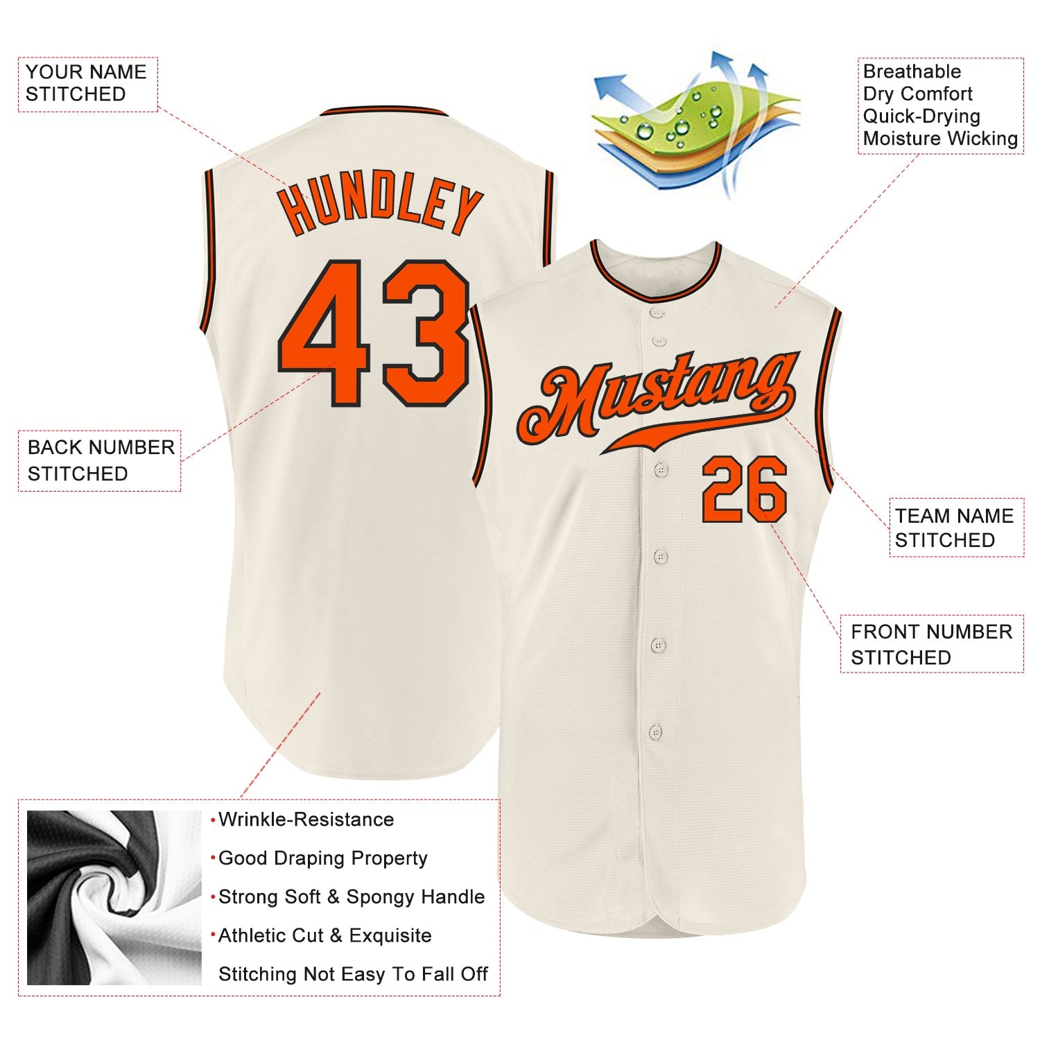 Custom Cream Orange-Black Authentic Sleeveless Baseball Jersey view 2