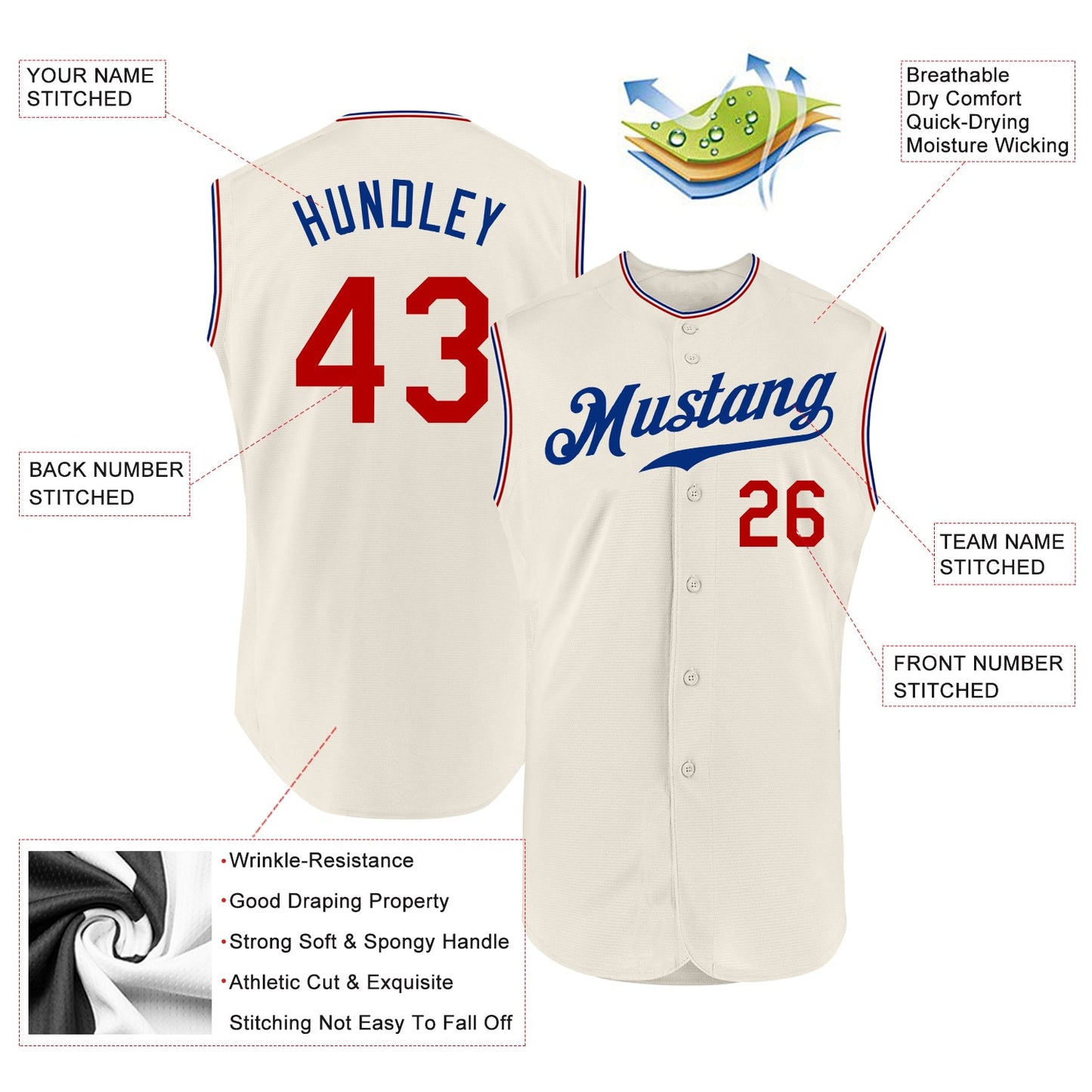 Custom Cream Red-Royal Authentic Sleeveless Baseball Jersey view 2