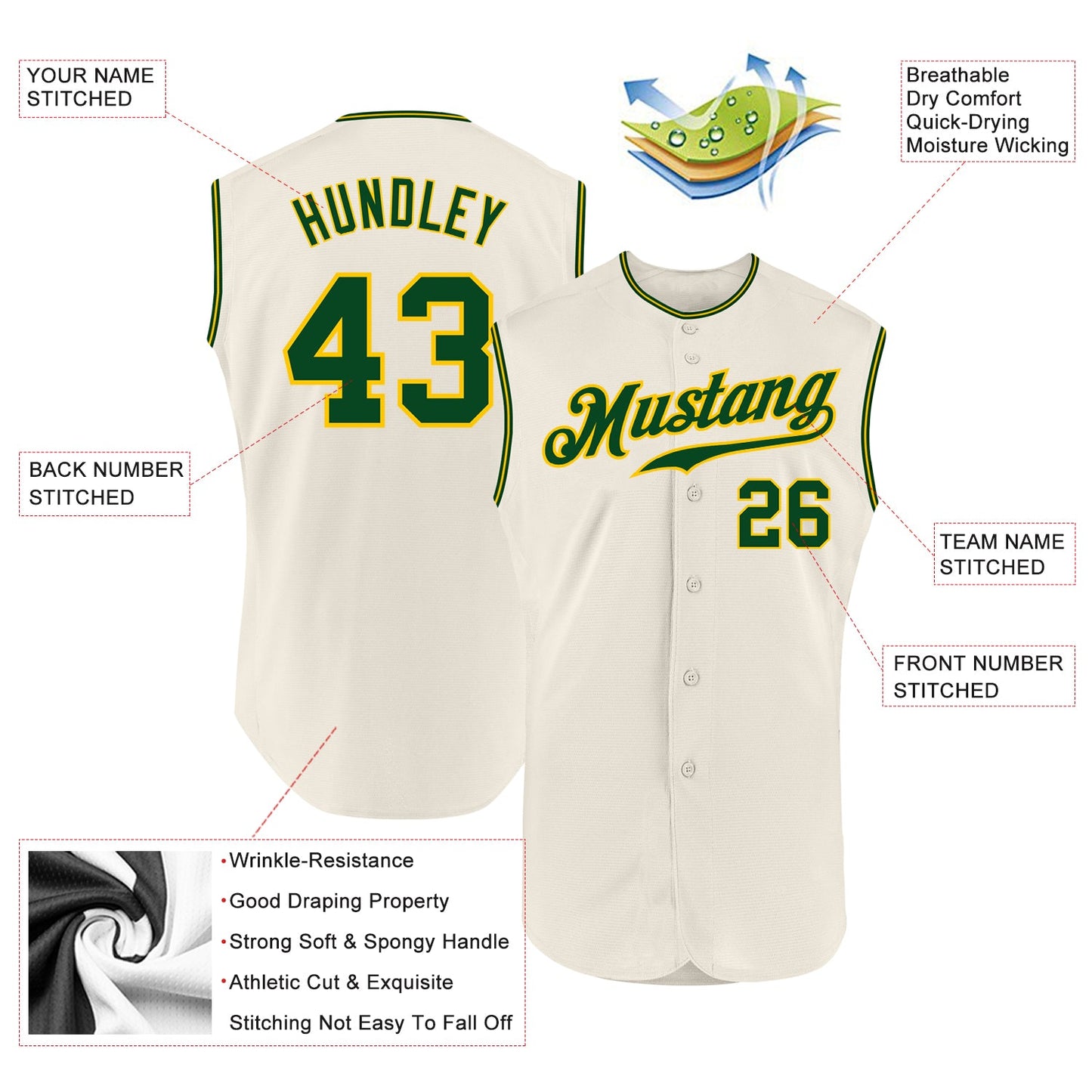 Custom Cream Green-Gold Authentic Sleeveless Baseball Jersey view 2