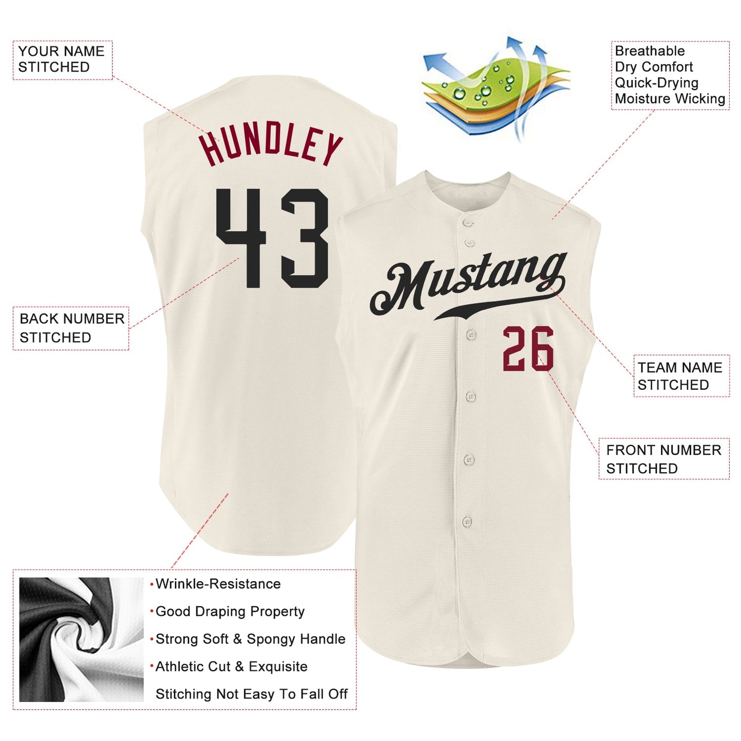 Custom Cream Black-Crimson Authentic Sleeveless Baseball Jersey view 2