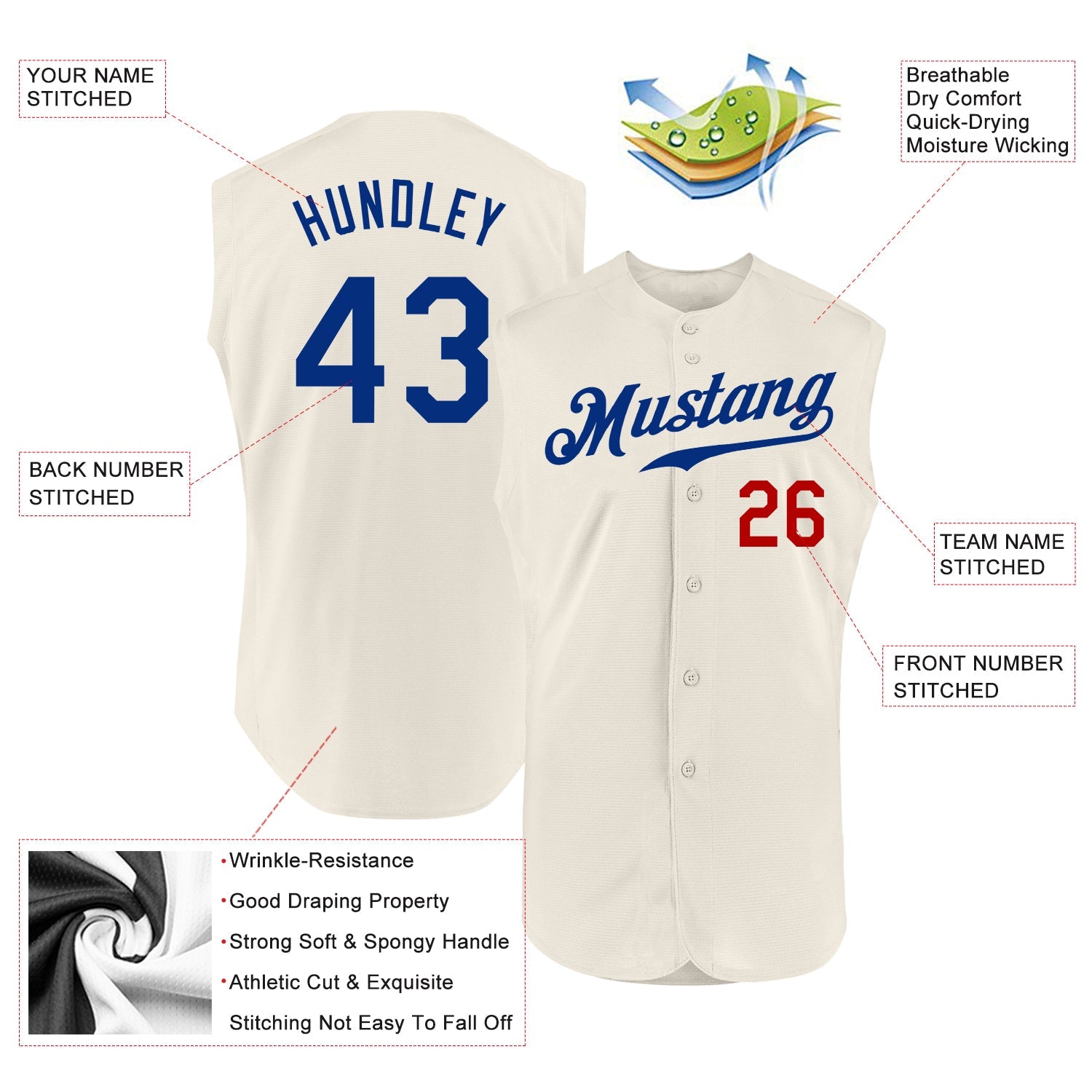 Custom Cream Royal-Red Authentic Sleeveless Baseball Jersey view 2