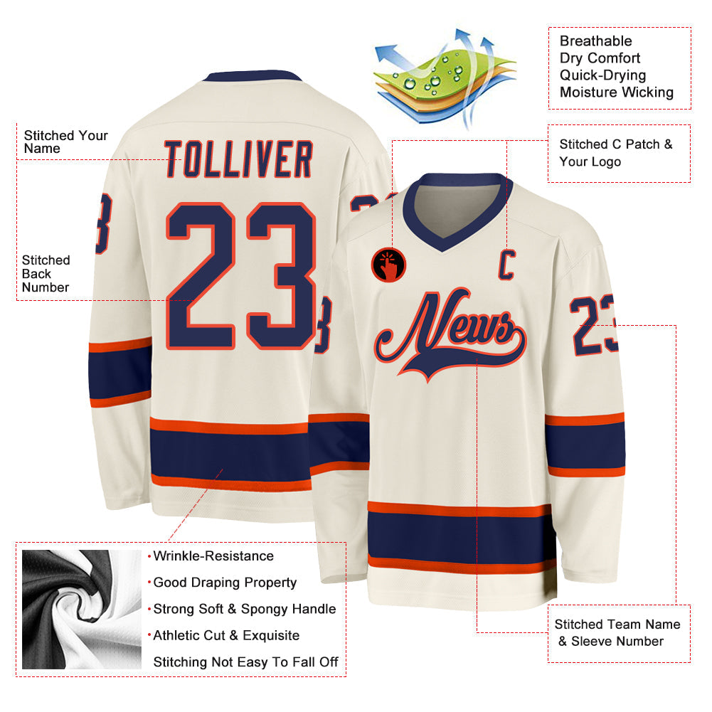 Custom Cream Navy-Orange Hockey Jersey view 2