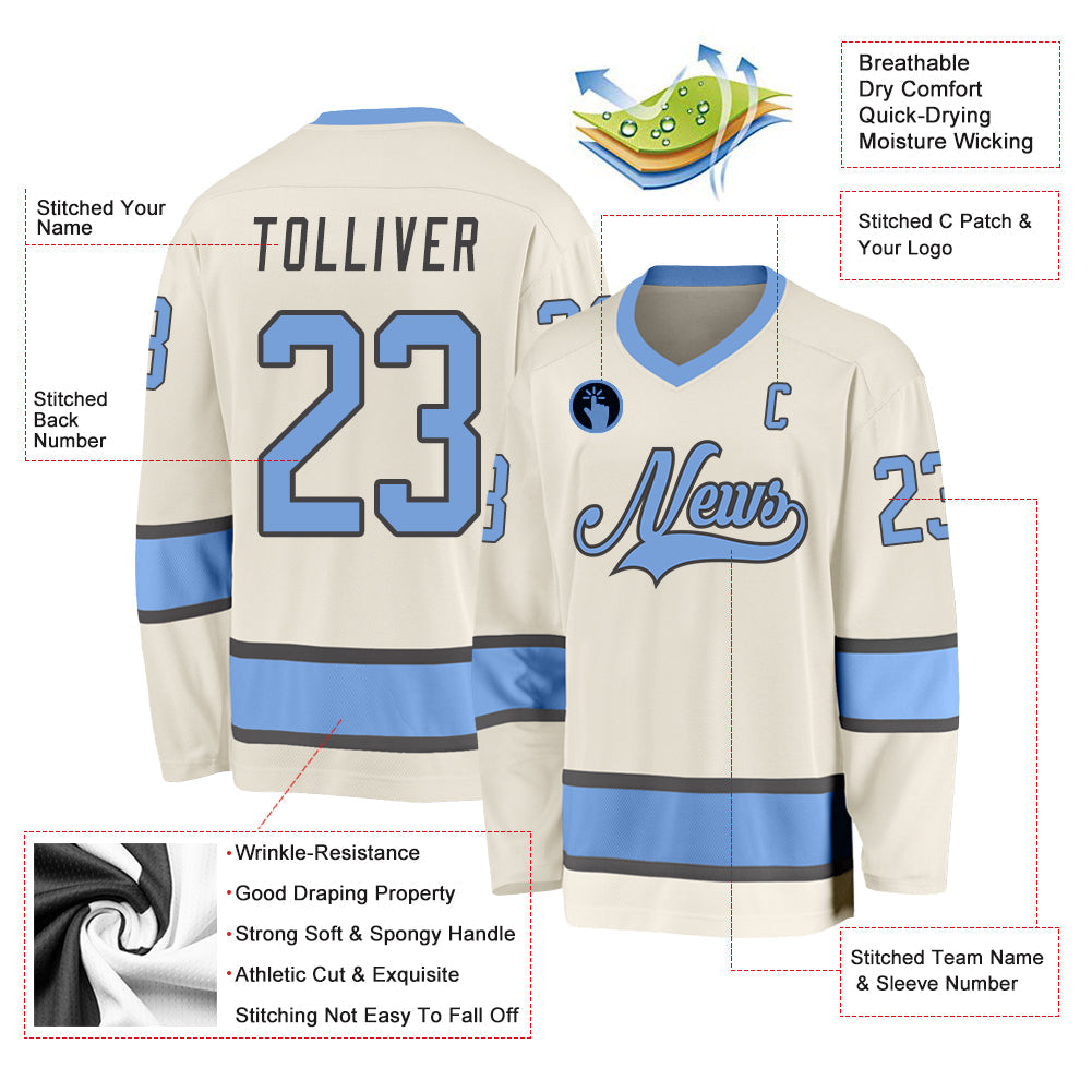 Custom Cream Light Blue-Steel Gray Hockey Jersey view 3