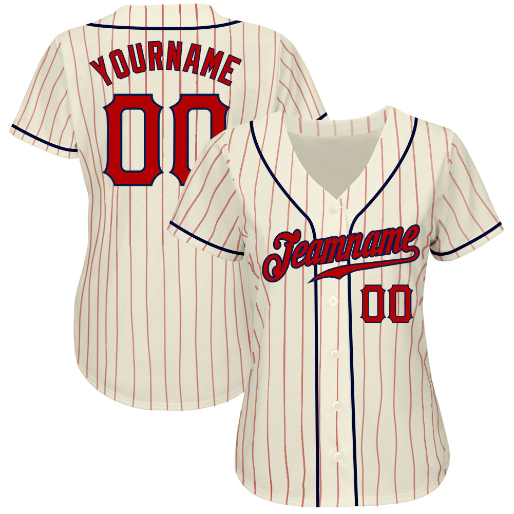 Custom Cream Red Pinstripe Red-Navy Authentic Baseball Jersey view 2