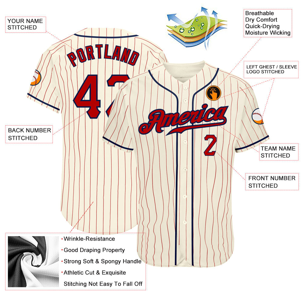 Custom Cream Red Pinstripe Red-Navy Authentic Baseball Jersey view 3