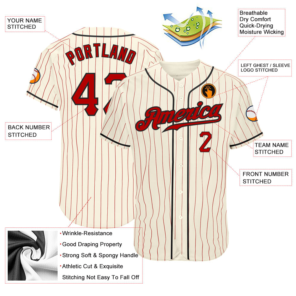 Custom Cream Red Pinstripe Red-Black Authentic Baseball Jersey view 3