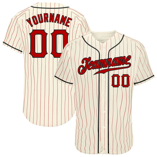 Custom Cream Red Pinstripe Red-Black Authentic Baseball Jersey - Main View