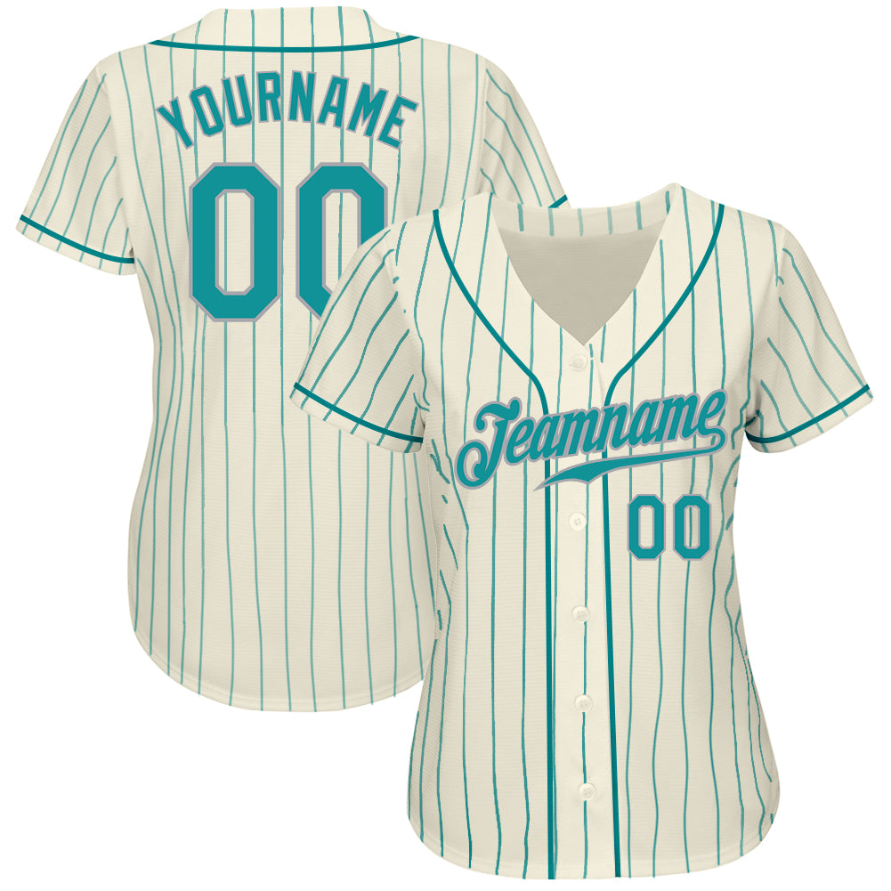 Custom Cream Teal Pinstripe Teal-Gray Authentic Baseball Jersey view 2