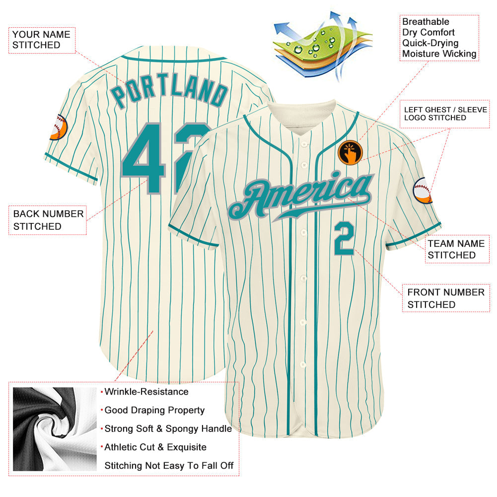 Custom Cream Teal Pinstripe Teal-Gray Authentic Baseball Jersey view 3