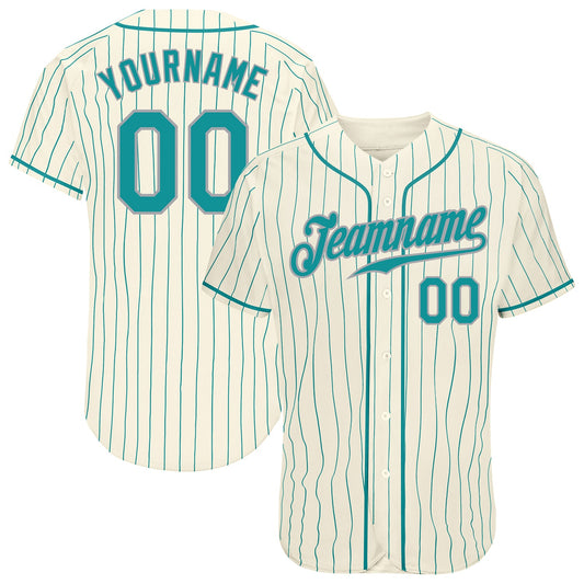 Custom Cream Teal Pinstripe Teal-Gray Authentic Baseball Jersey - Main View