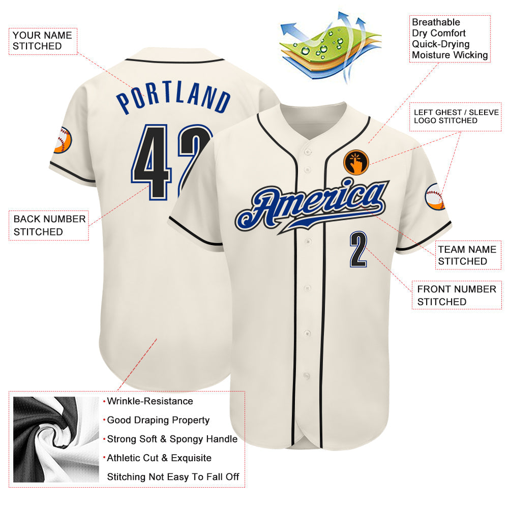 Custom Cream Black-Royal Authentic Baseball Jersey view 3