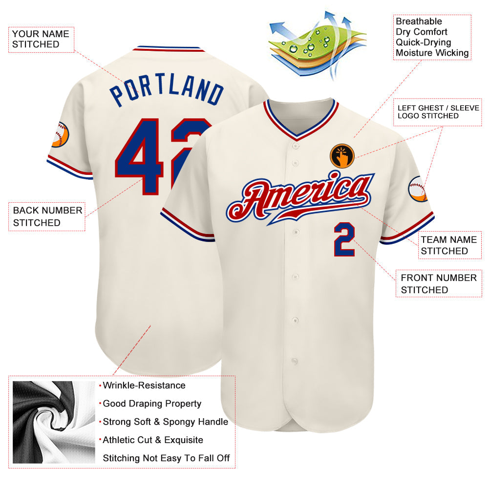 Custom Cream Royal-Red Authentic Baseball Jersey view 3