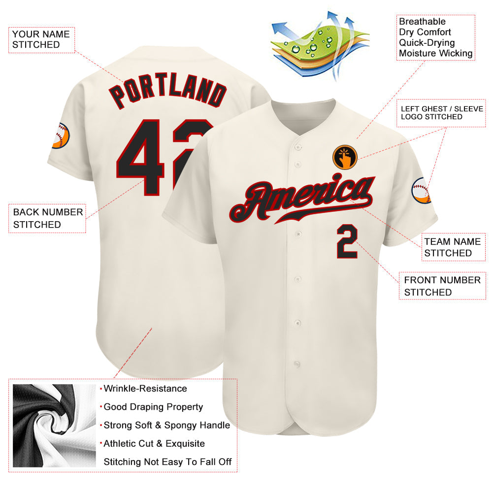 Custom Cream Black-Red Authentic Baseball Jersey view 3