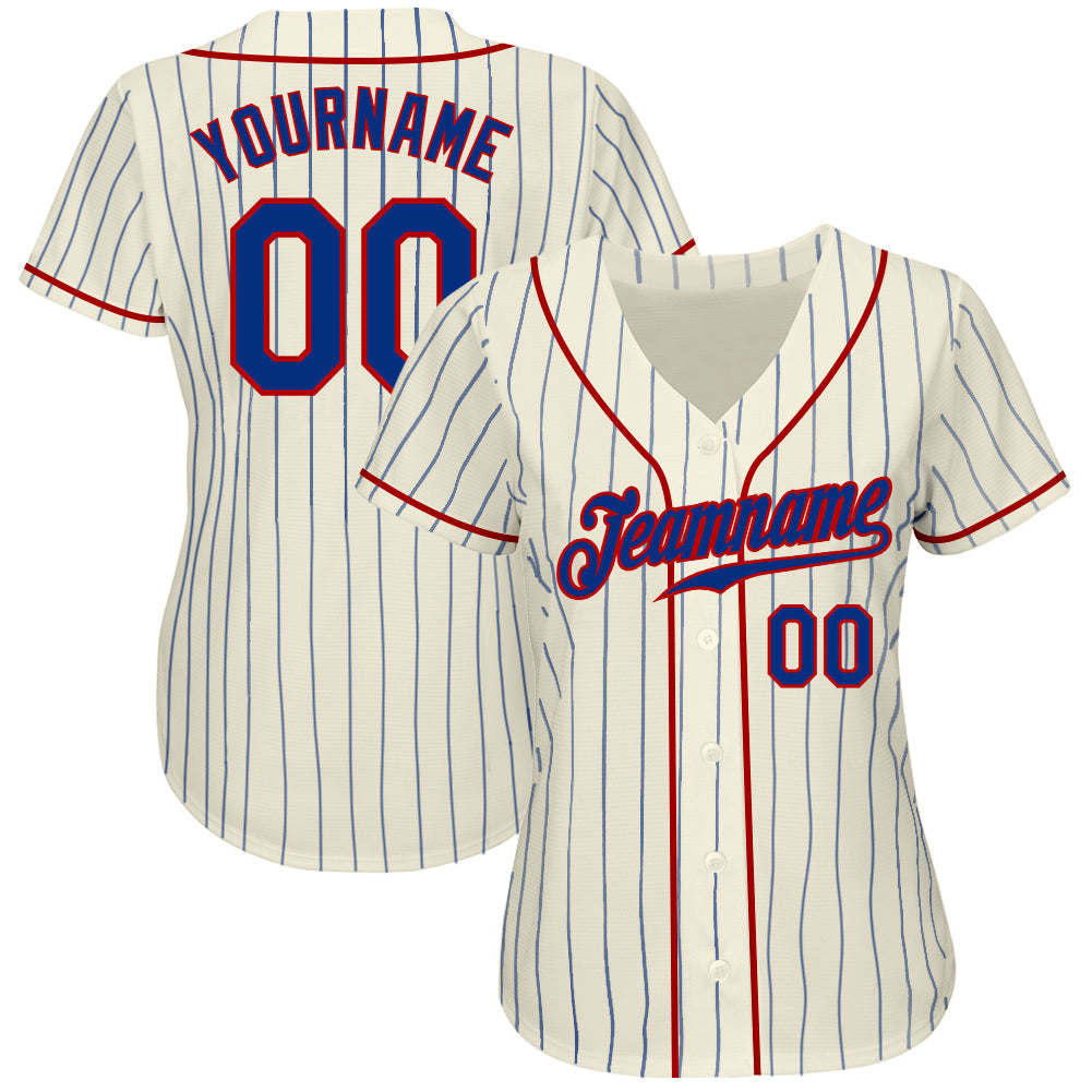 Custom Cream Royal Pinstripe Royal-Red Authentic Baseball Jersey view 2