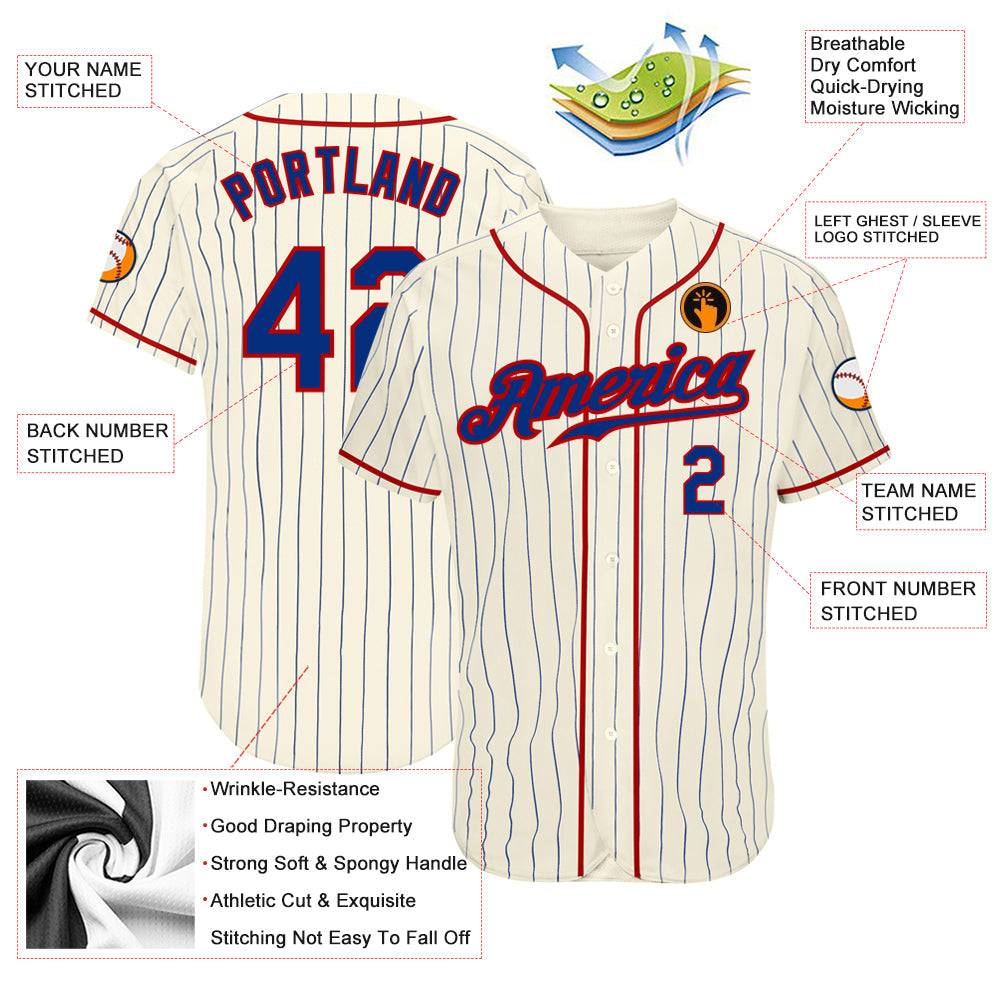 Custom Cream Royal Pinstripe Royal-Red Authentic Baseball Jersey view 3