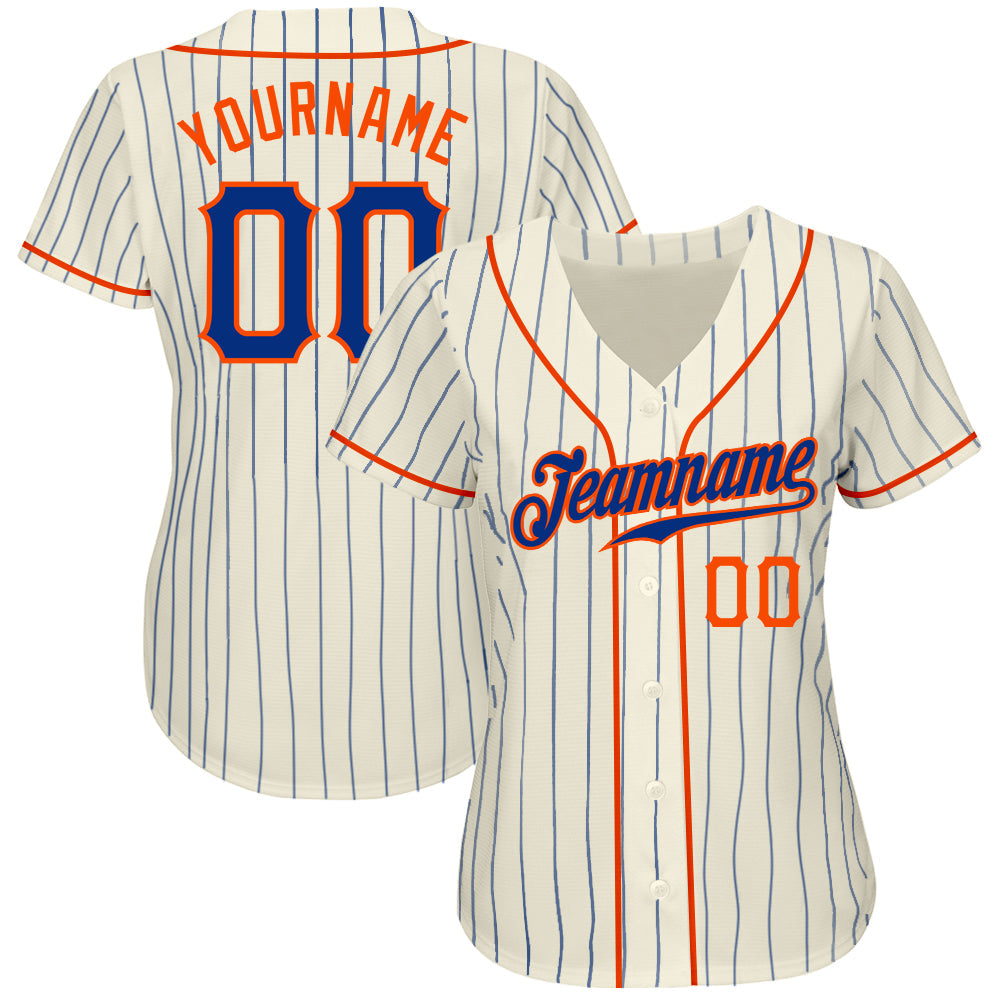 Custom Cream Royal Pinstripe Royal-Orange Authentic Baseball Jersey view 3