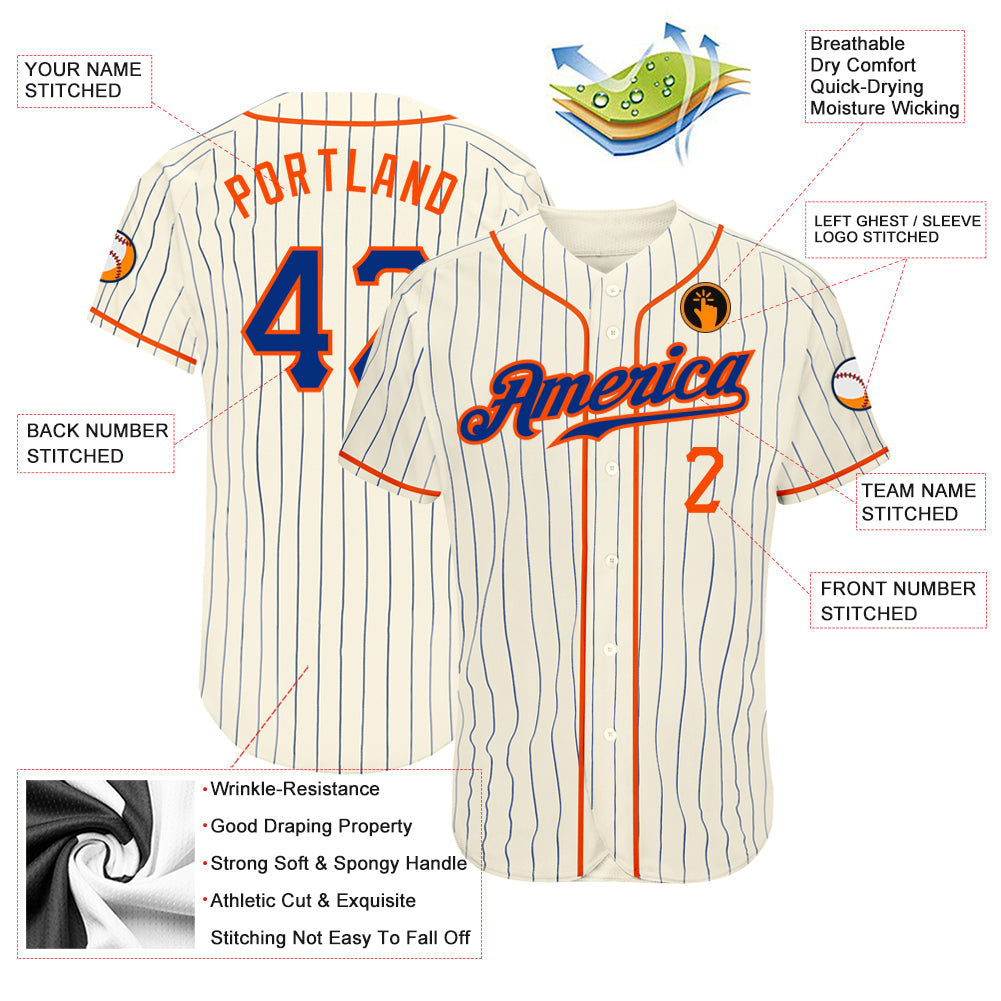 Custom Cream Royal Pinstripe Royal-Orange Authentic Baseball Jersey view 4