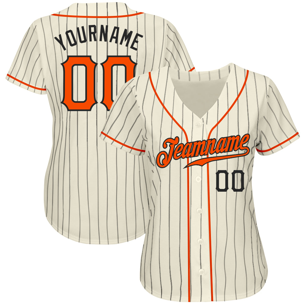 Custom Cream Black Pinstripe Orange-Black Authentic Baseball Jersey view 3