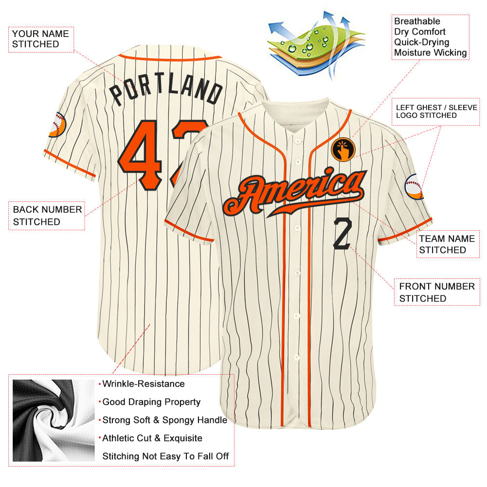 Custom Cream Black Pinstripe Orange-Black Authentic Baseball Jersey view 4