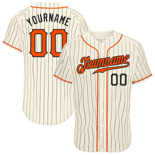 Custom Cream Black Pinstripe Orange-Black Authentic Baseball Jersey - Main View