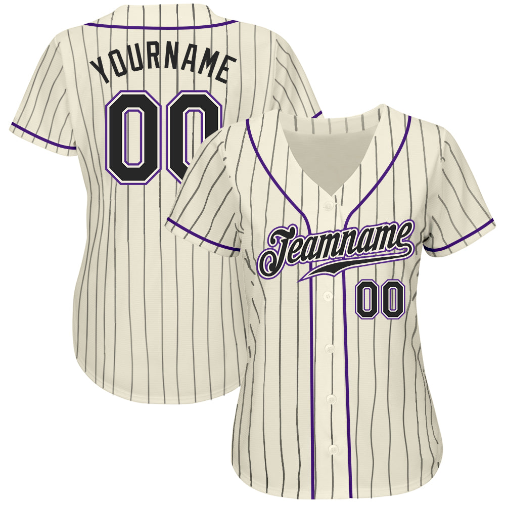 Custom Cream Black Pinstripe Black-Purple Authentic Baseball Jersey view 2