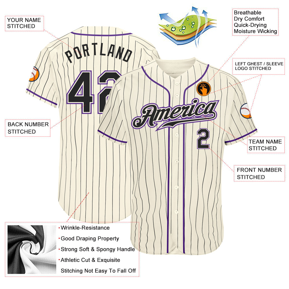 Custom Cream Black Pinstripe Black-Purple Authentic Baseball Jersey view 3
