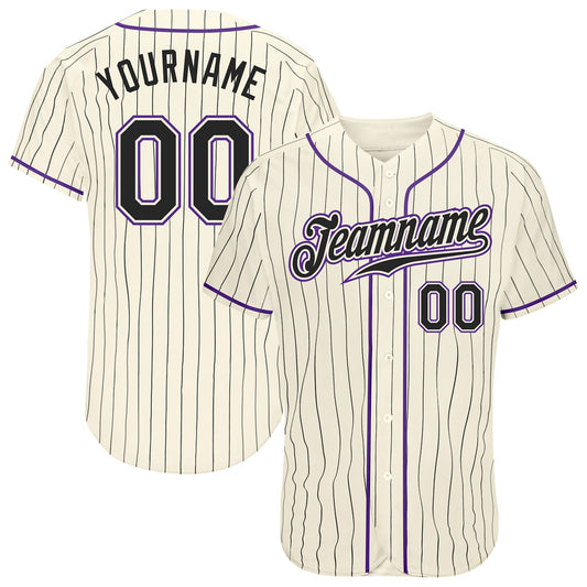 Custom Cream Black Pinstripe Black-Purple Authentic Baseball Jersey - Main View