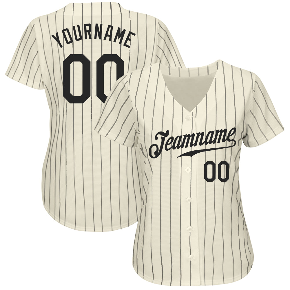 Custom Cream Black Pinstripe Black Authentic Baseball Jersey view 2