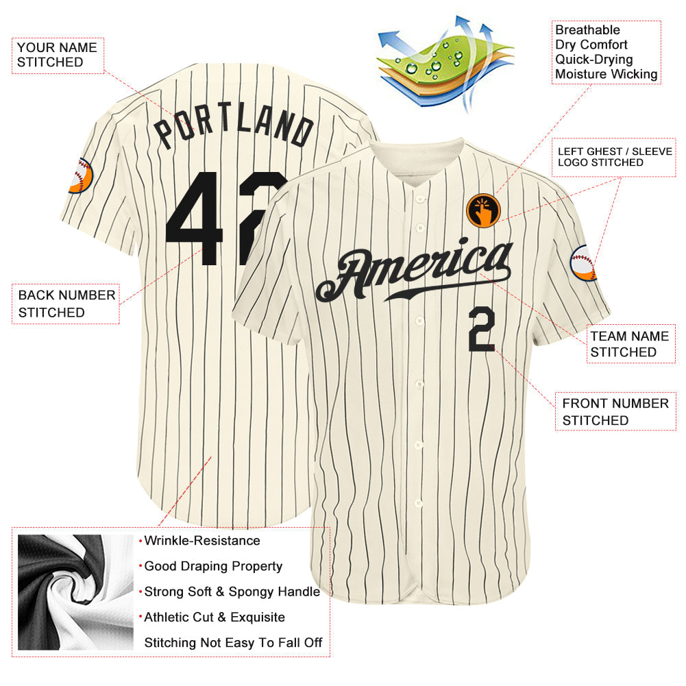 Custom Cream Black Pinstripe Black Authentic Baseball Jersey view 3