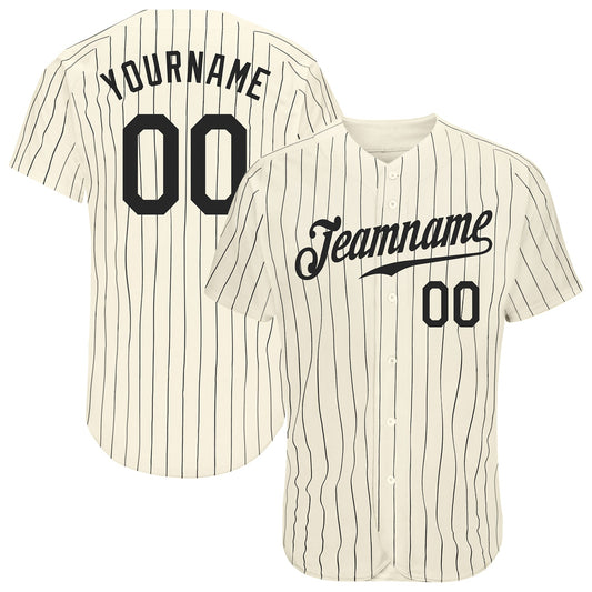 Custom Cream Black Pinstripe Black Authentic Baseball Jersey - Main View