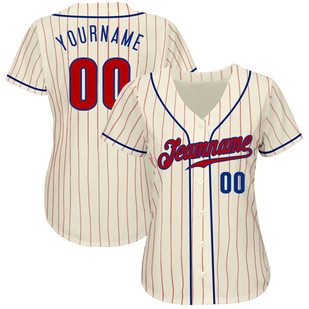 Custom Cream Red Pinstripe Red-Royal Authentic Baseball Jersey view 2
