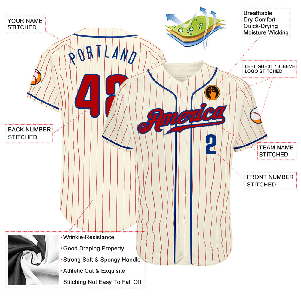 Custom Cream Red Pinstripe Red-Royal Authentic Baseball Jersey view 3