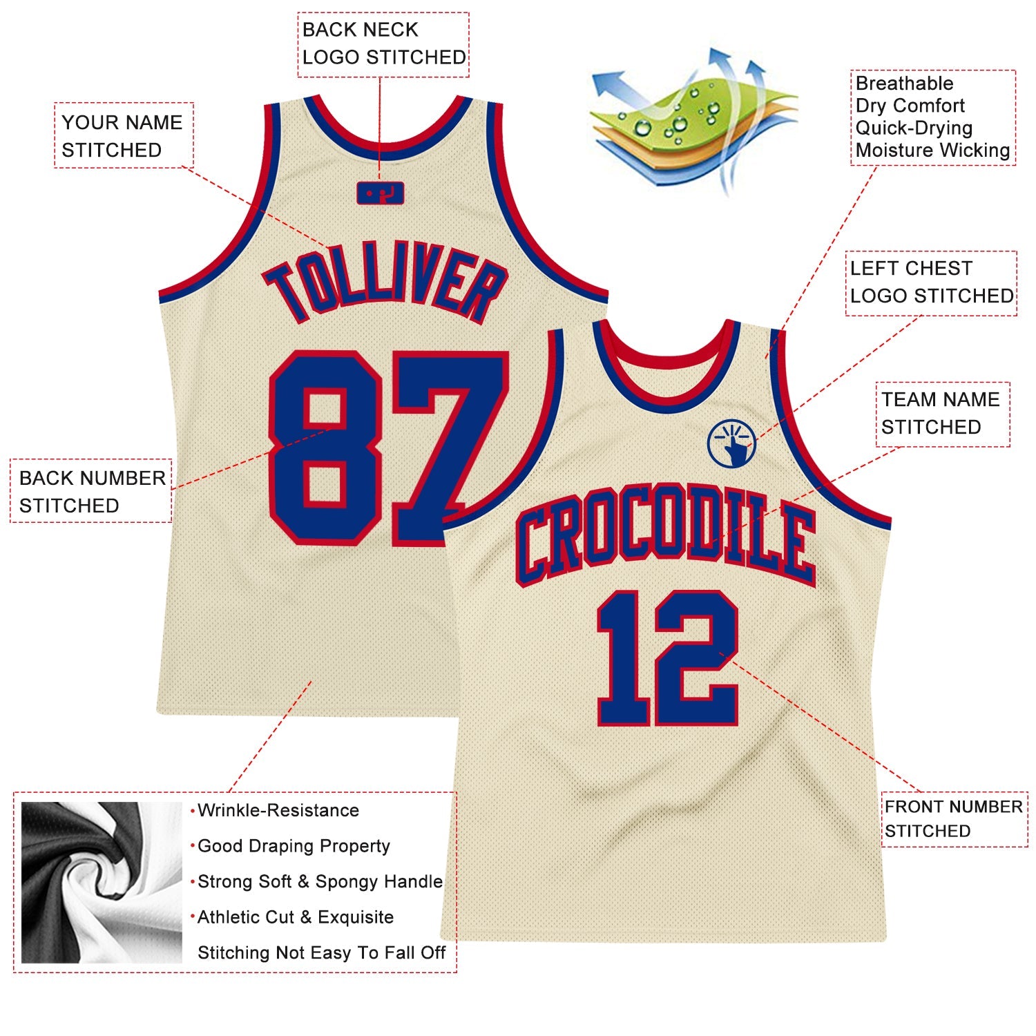 Custom Cream Royal-Red Authentic Throwback Basketball Jersey view 2