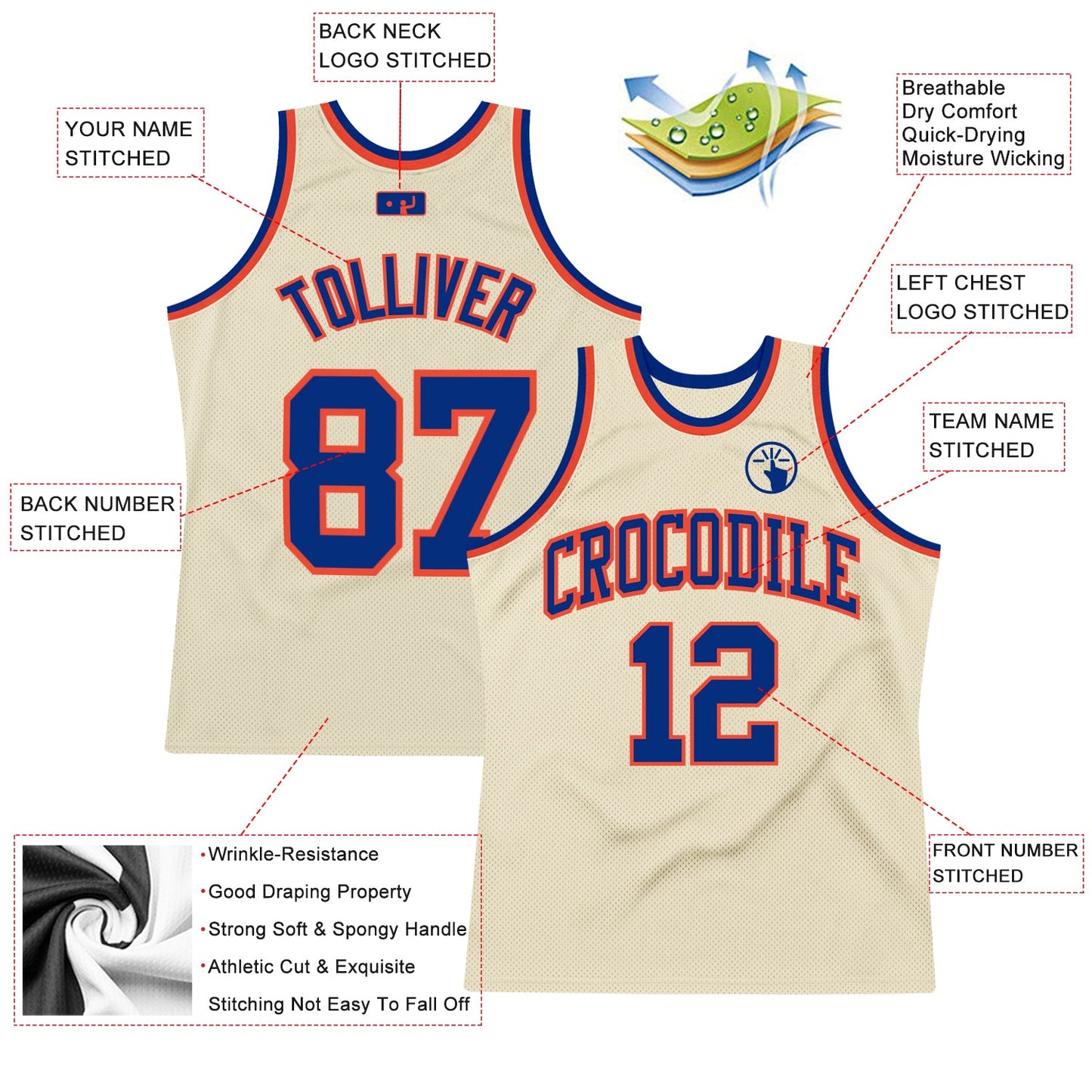 Custom Cream Royal-Orange Authentic Throwback Basketball Jersey view 2