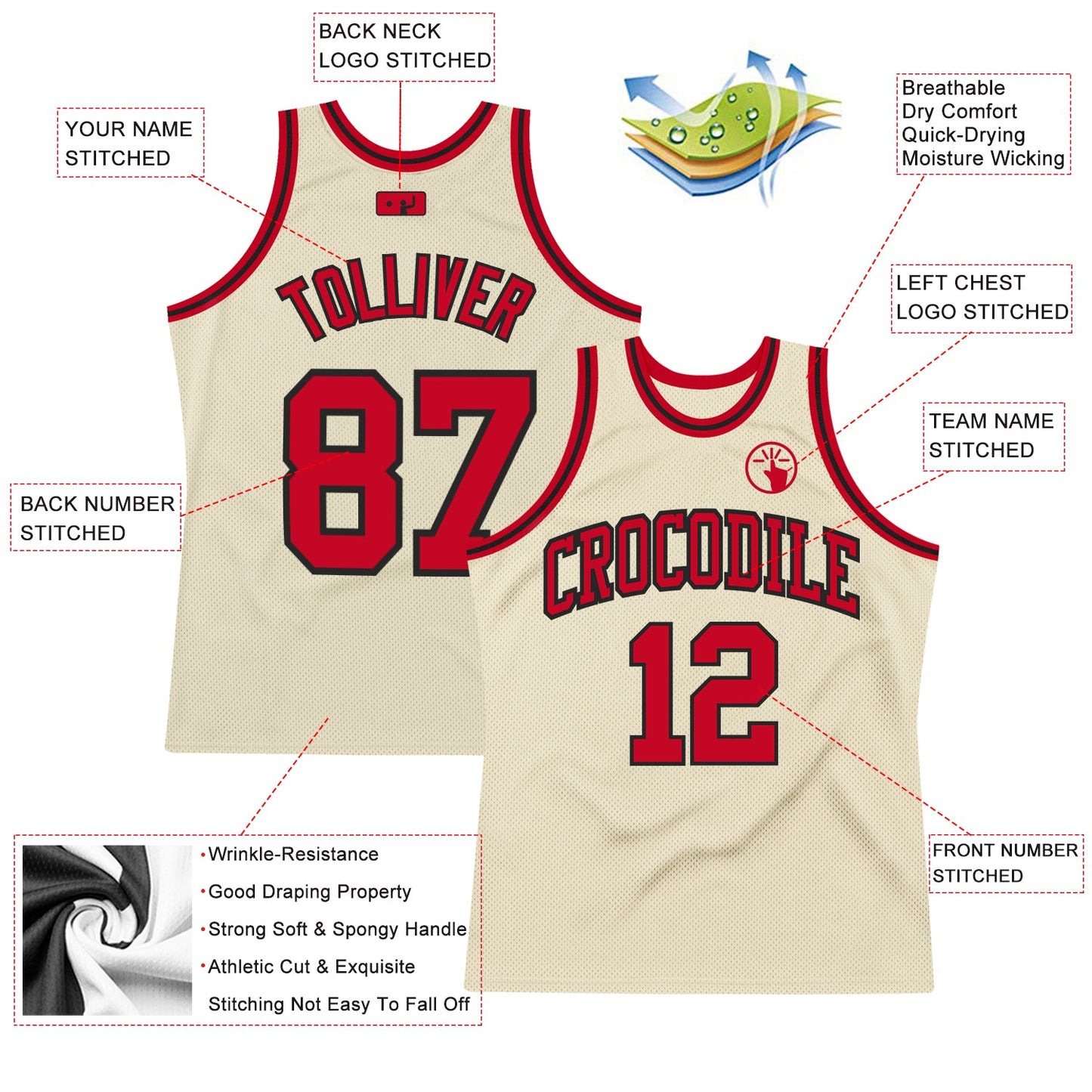 Custom Cream Red-Black Authentic Throwback Basketball Jersey view 2