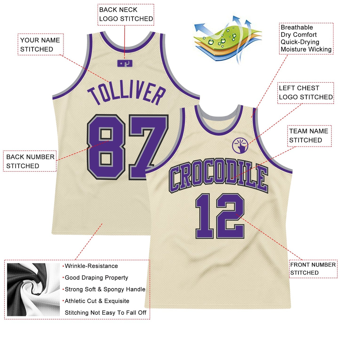 Custom Cream Purple-Gray Authentic Throwback Basketball Jersey view 2