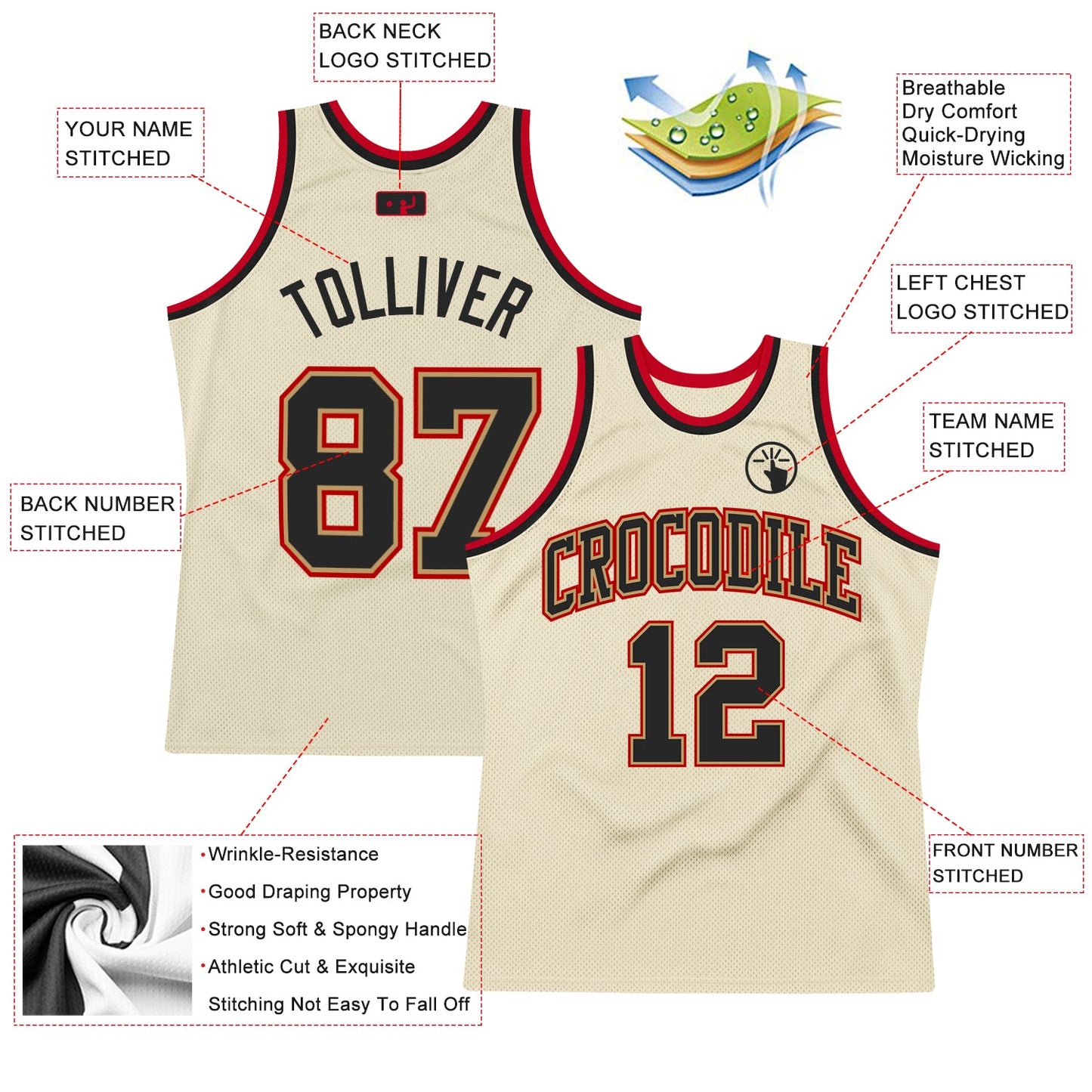 Custom Cream Black-Red Authentic Throwback Basketball Jersey view 2