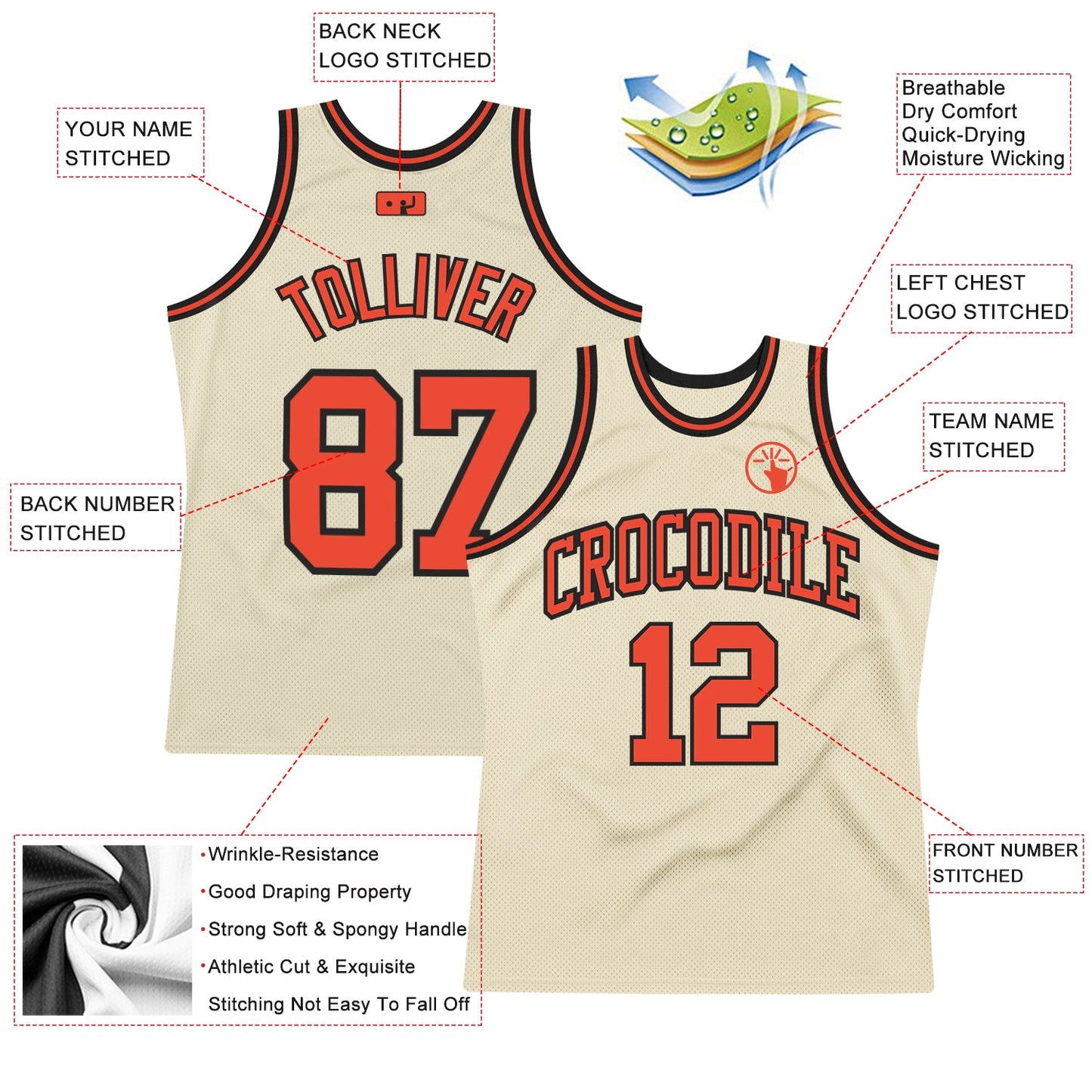 Custom Cream Orange-Black Authentic Throwback Basketball Jersey view 2