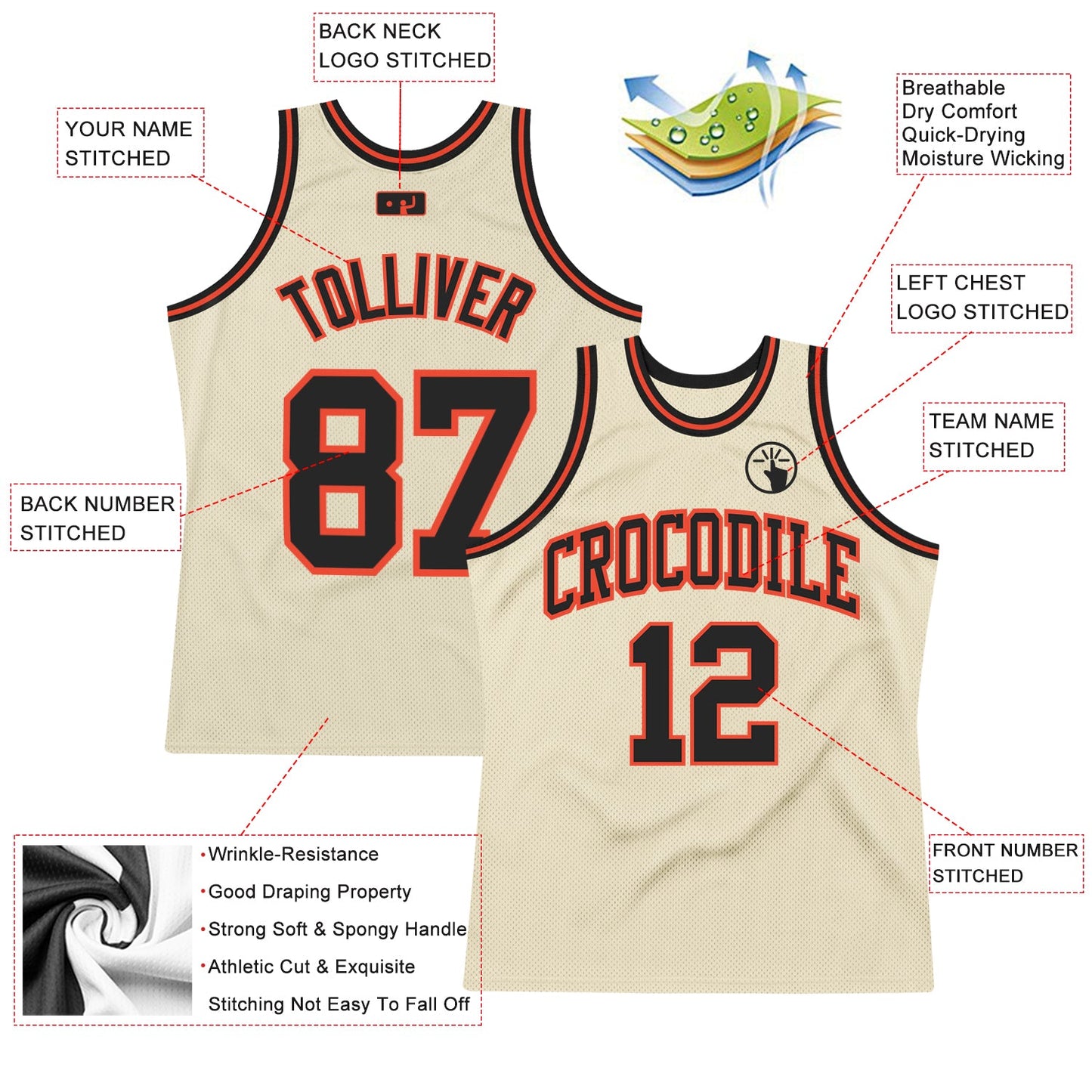 Custom Cream Black-Orange Authentic Throwback Basketball Jersey view 2