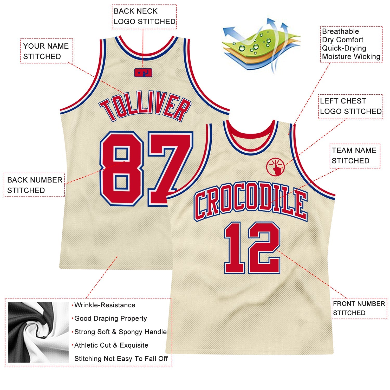 Custom Cream Red-Royal Authentic Throwback Basketball Jersey view 2