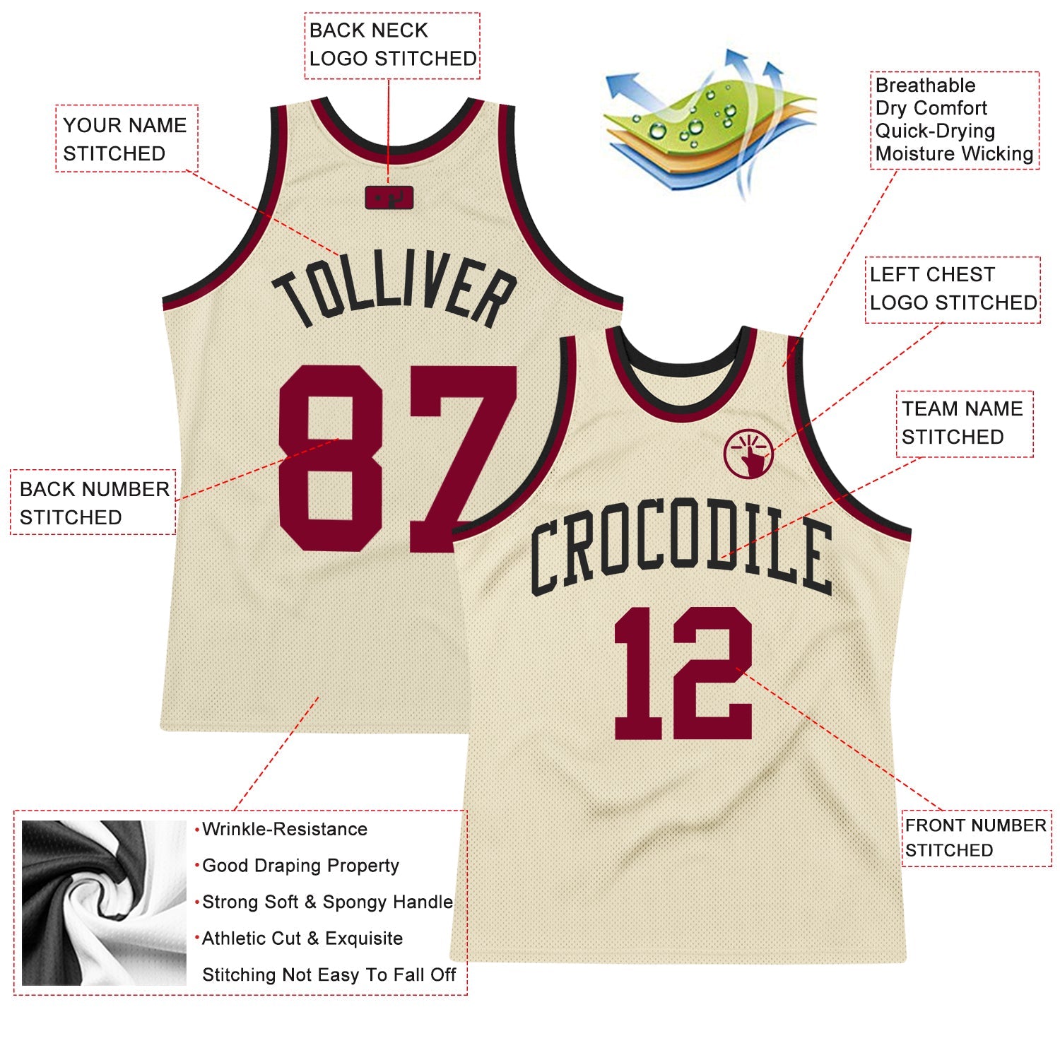 Custom Cream Maroon-Black Authentic Throwback Basketball Jersey view 2