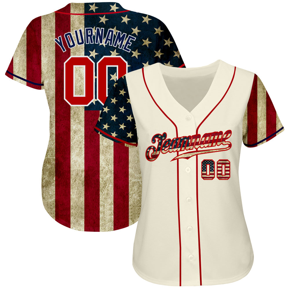 Custom Cream Red-Navy 3D American Flag Authentic Baseball Jersey view 3