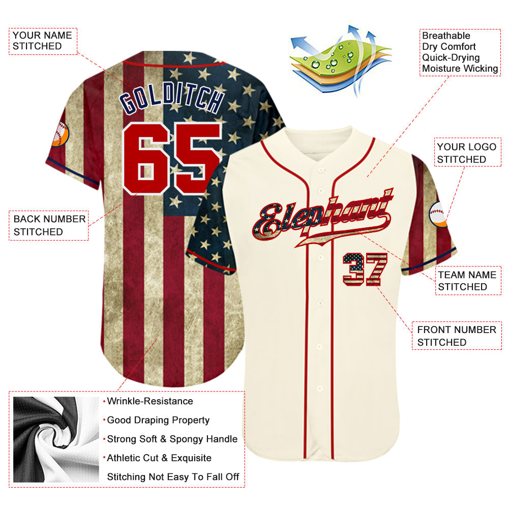 Custom Cream Red-Navy 3D American Flag Authentic Baseball Jersey view 4