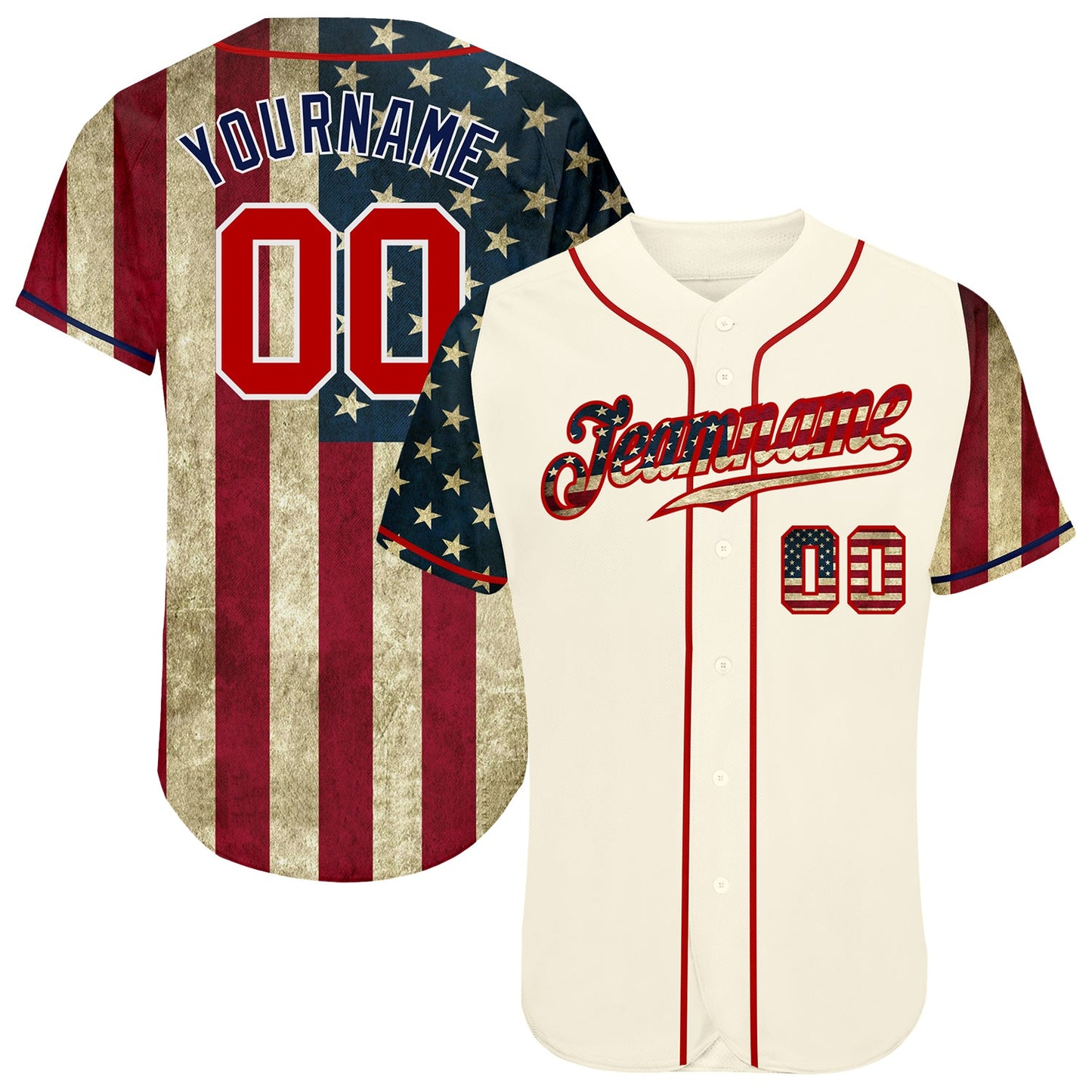 Custom Cream Red-Navy 3D American Flag Authentic Baseball Jersey - Main View